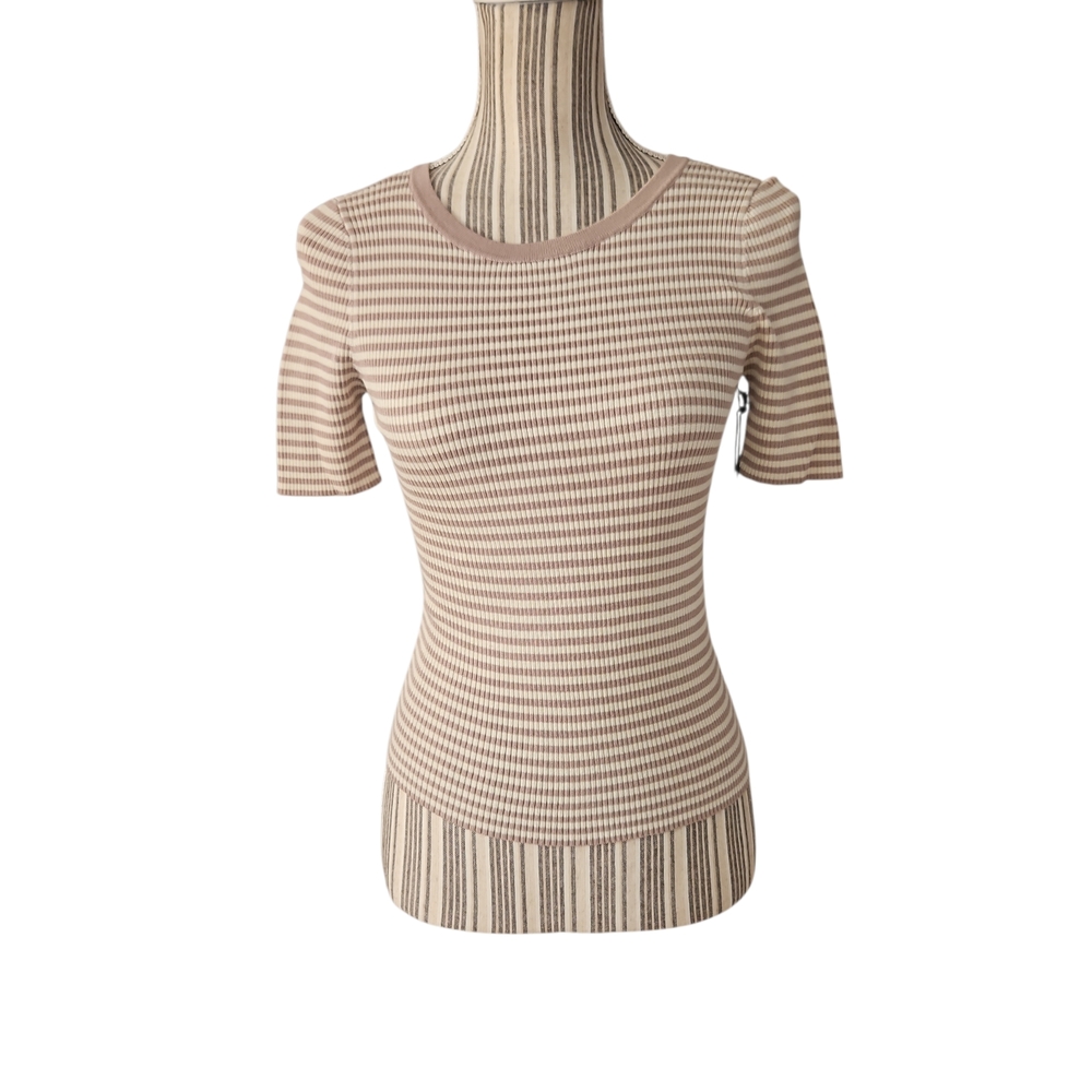 Milk&Honey Woman Striped Beige Tan Thigh Knit Sweater Blouse Top SizeM